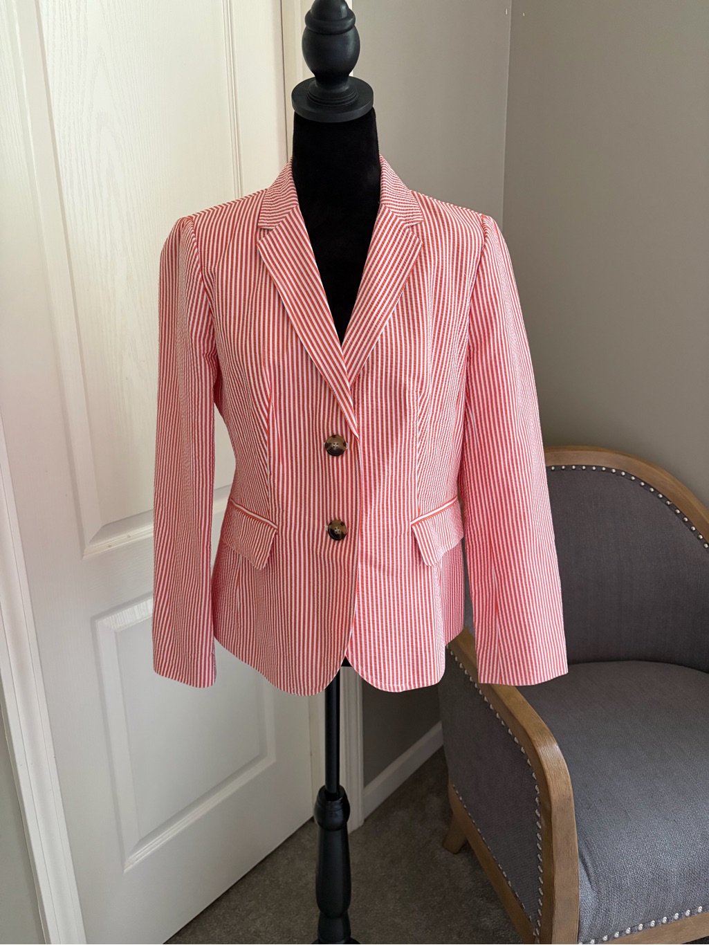 Talbots Coral And White Seersucker Stripe Blazer